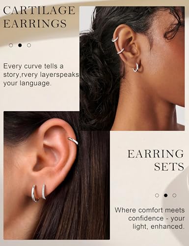Turandoss 5 Pairs Gold Huggie Hoop Earrings for Women | Dainty Small Hoop Earring Stacks, Cartilage, Multiple Piercing, 14K Gold Plated, Hypoallergenic - color: Silver Hoop