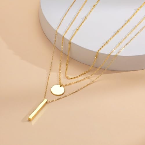 14K Gold Silver Plated Layered Necklaces for Women Trendy | Necklaces for Women Trendy, Stackable Dainty Chain Necklace, Beach Cute Fashion Pendant Choker Necklace, Jewelry Set Gifts - color: 3PCS / Satellite & Coin & Bar