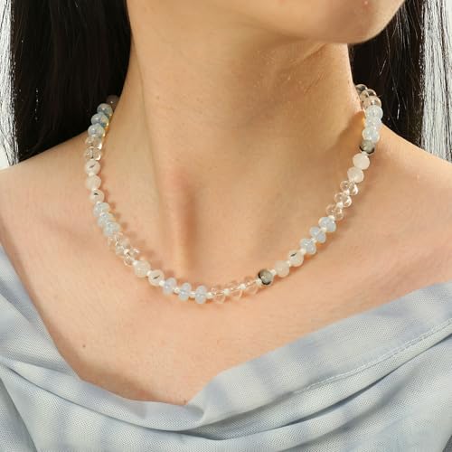 Joya Love Colorful Gemstone Beaded Necklaces For Women Trendy Rainbow Natural Stone Boho Handmade Stainless Steel Waterproof Strand Necklaces Jewelry For Women Gift - color: White