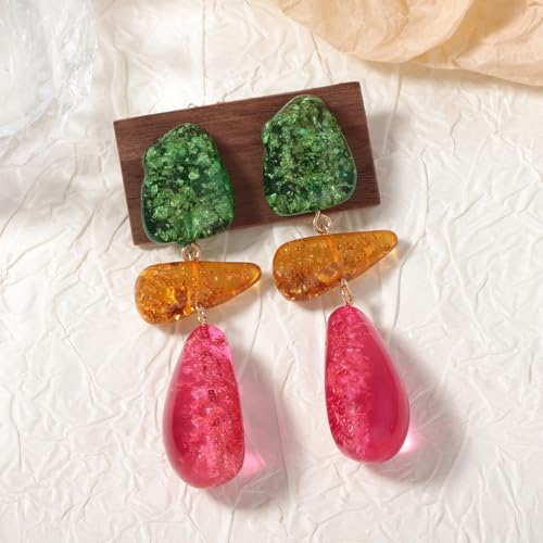 Colorful Statement Drop Earrings for Women, Glitter Resin Dangle Earrings, Layered Teardrop Party Earrings, Bold Trendy Fashion Jewelry