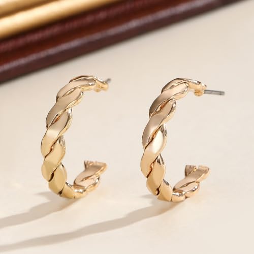 14K Gold Plated Hoop Earrings for Women Lightweight Hypoallergenic Fashion Accessories, Twisted Design Huggie Hoops Earring Jewelry Gift for Party Wedding Daily Wear 9g