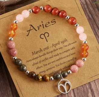 XAM 12 Zodiac Stone Beaded Bracelet - Natural Gemstone & Stainless Steel Charm Constellation Jewelry - color: J