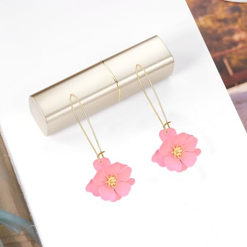 Bohemian Daisy Flower Matte Floral Long Petal Drop Dangle Earrings Layered Tiered for Women Chic Boho Wedding Jewelry - color: Pink