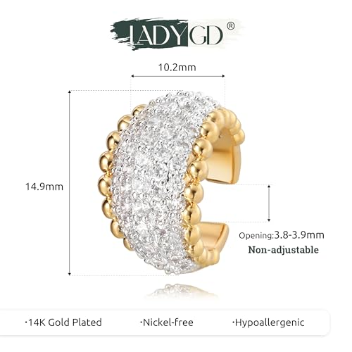 Sparkle Ear Cuff for Women, Non Piercing Single | 14K Gold Plated Brass, Clear Cubic Zirconia Accents, Fixed 3.8-3.9 mm Opening, Single Non-Piercing Cuff For Ear Stacks - style: Beaded Dome