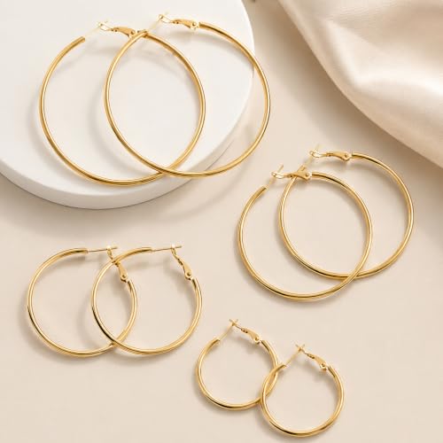 4/6 Pairs 14K Gold Plated Silver Hoop Earrings Set for Women Hypoallergenic | 30 40 50 60 mm, Lightweight Thin Hoops, 316L Surgical Stainless Steel for Sensitive Ears, Everyday Wear to Evening Outfits - color: 4 Pairs(30/40/50/60mm)-Gold