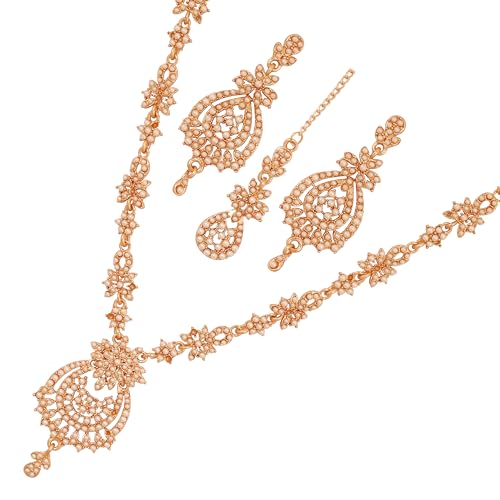 Touchstone Indian jewelry sets for women maang tikka wedding guest gold necklace bollywood jewellery set pageant elegant prom bride accessories western crystal chunky rhinestone necklaces - color: 1 Pearl in antique gold plating