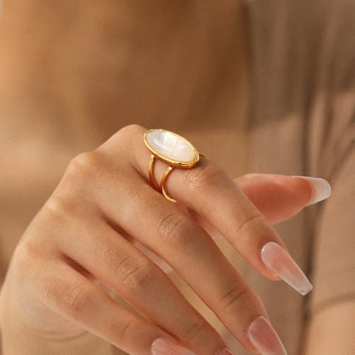 OIDIMS Fashion Geometric Oval Statement Ring for Women Gold-Tone Stainless Steel Dainty Faux Gemstone Adjustable Open Wedding Band Boho Trendy Comfirm Fit Wrap Finger Rings Cocktail Party Jewelry - color: White