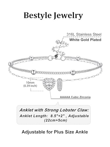 Bestyle Initial Anklet Bracelets for Women Waterproof Non Tarnish 14K Gold/White Gold Plated CZ Anklets for Women Dainty Layered Letter Heart Ankle Bracelets Adjustable Foot Chain Anklet - color: I