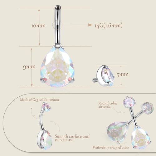 AROWRO Gold Belly Button Ring G23 Titanium Hypoallergenic 14G belly ring for Women Men Teardrop Navel Piercing Jewelry 10mm Barbell With Cubic Zircon - color: Silver+Teardrop AB CZ