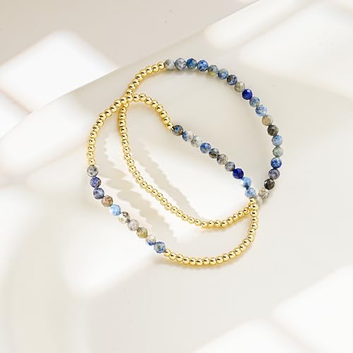 Kainier Gold Beaded Bracelets for Women 2Pairs 14K Gold Plated Stretch Bracelet Set Stackable Tarnish Dainty Natural Stone Bead Bracelets Gift - color: Aquamarine