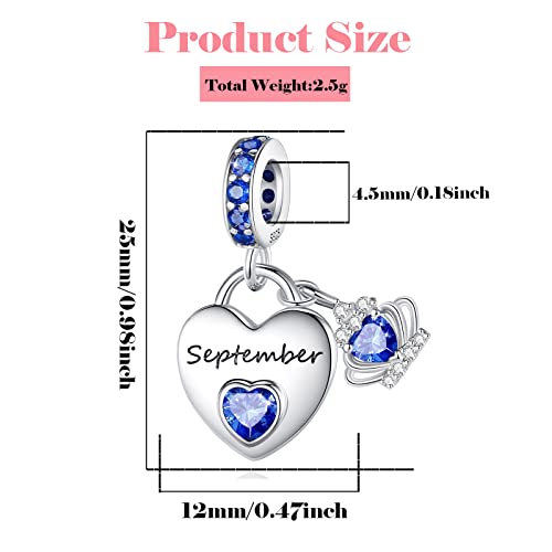 Birthstone Charms for Charms Bracelet: 925 Sterling Silver Heart Dangle Charms for Bracelets and Necklaces, Birthday Mother's Day Christmas Gifts For Women. - color: September