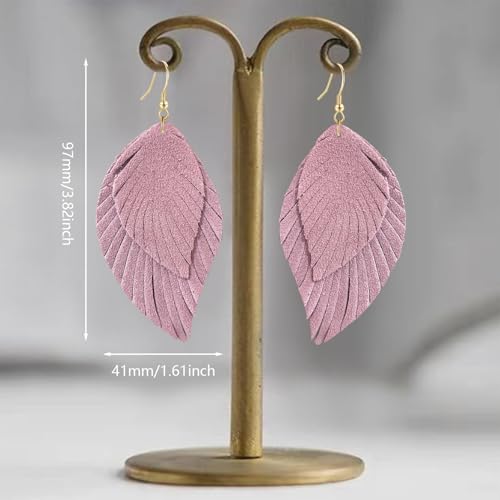 Genuine Leather Handmade Fringe Feather Lightweight Dangle Drop Earrings Teardrop Tassel Hook Earrings for Women - style: 8 Light Pink