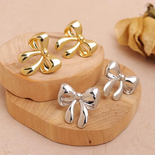 Jean Beau Chunky Gold Stud Earrings for Women Trendy Gold Plated Dangle Drop Prom Birthday Fashion Office Jewelry Gift - color: Silver Bow