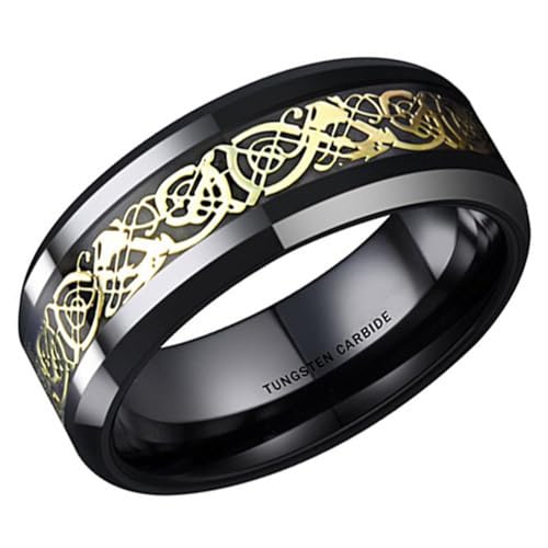 (8mm) Unisex or Men's Tungsten Carbide Wedding Ring Band. Black Band Celtic Knot Ring with Black Resin and Yellow Gold Inlay.