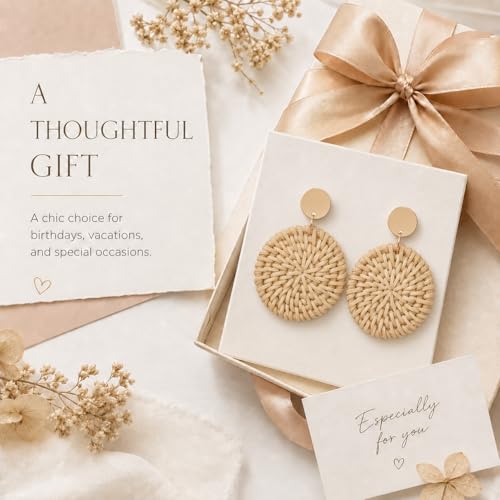 Handmade Raffia Rattan Bohemian Dangle Earrings for Women, Woven Rattan Round Drop Dangle Earrings Beach Jewelry - color: Round B