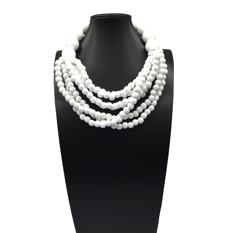 COLORFUL BLING Boho African Wooden Beaded Strands Necklace Ethnic Layered Chunky Collar Choker Wood Necklace for Women Hip Hop Statement Jewelry - color: white