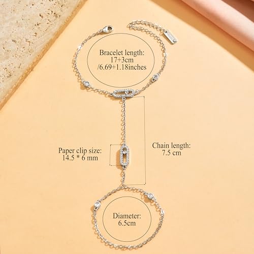 14K Gold Plated Paperclip Finger Chain Bracelet for Women | Adjustable Stackable Cubic Zirconia Hand Chain, Mother Daughter Birthday Wedding Jewelry Gifts - color: Silver