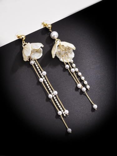 Kruckel Long Dangle Earrings for Women, White Floral Pearl-Inspired | Pearl Drop Earrings, Lightweight Gold-Tone Jewelry for Weddings, Parties, Bridesmaids, Birthdays and Occasion Gifts - color: White
