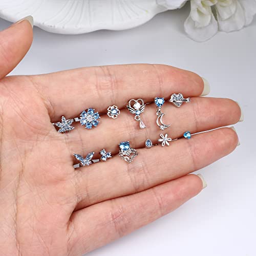Sanfenly 12 PCS 20G Nose Rings Surgical Stainless Steel, L Shaped Nose Studs for Women Men, CZ Heart Butterfly Flower Leaf Moon Dangle Cute Nose Piercings Studs Screw Jewelry Pink/Purple/Blue/Clear - color: Screw Blue