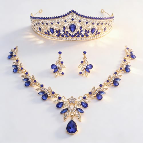 Princess Tiara Crown and Jewelry Sets for Women Wedding Rhinestone Crystal Tiaras and Crowns with Necklace Earrings Party Birthday Accessories - color: Gold Blue