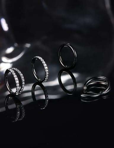 Dochais 4PCS 18G Nose Rings Hoops, Surgical Steel Earrings Tragus Septum Piercing CZ Clicker Ring, Hinged Segment Conch Lip Cartilage Double Hoops 8mm 10mm for Women Men - color: Black, size: 16G(1.2mm),8mm