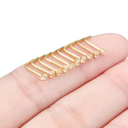 Nose Studs Surgical Steel Nose Rings Studs with Cubic Zirconia 10Pcs Tiny Nostril Rings for Women Screw Bone and L-Shaped Nostril Piercing Jewelry 24G 22G 20G 18G - color: goldtone,L shaped nose studs, size: 20g,2.0mm Clear CZ