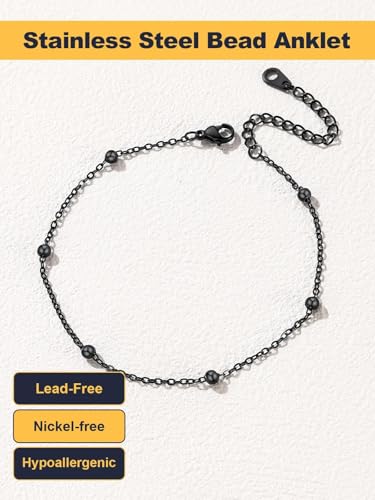 U7 Ankle Bracelets for Women Stainless Steel Waterproof Tarnish Resistant | 18K Gold Plated/Silver/Rose Gold Anklets, Cuban Chain Anklet Bracelets, Perfect for Summer Beach and Vacation Outfits - color: Black-Bead Chain
