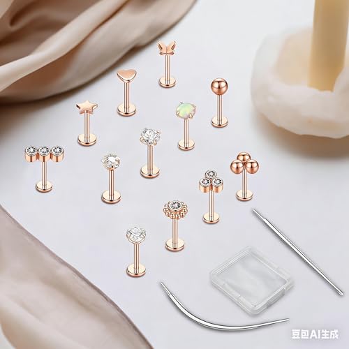 15Pcs 20G/18G/16G Flat Back Push in Stud Earrings 316L Surgical Stainless Threadless nose rings Medusa Piercing Jewelry Hypoallergenic Labret Studs Lip Rings ring for Women Men Be Equipped With Ball Grabber Tool - color: Rose Gold, size: 16G(1.2mm)