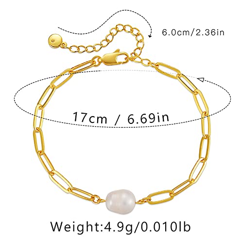 Dainty Gold Bracelets for Women, 18 Gold Plated Adjustable Evil Eye/Butterfly/Beaded/Pearl/Heart/Turquoise Handmade Bracelet for Women - style: Pearl and Paperclip