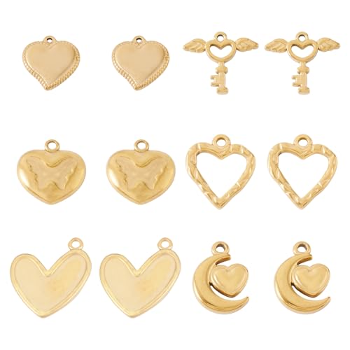 Cheriswelry 18K Gold Plated Heart Pendants Golden Heart Dangle Earring Charms Necklace Pendants Bracelet Keychain Charm Mini Hang Ornament for DIY Craft Jewelry Making - color: 18K Gold Plated D