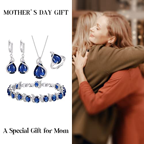 EVER FAITH Wedding Jewelry Set for Bride Bridesmaid, Glamour Teardrop Cubic Zirconia Pendant Necklace Earrings Tennis Bracelet Open Ring Sets for Birthday/Valentine's Day/Mother's Day/Christmas - color: A_Sapphire Blue Silver-Plated-Brass