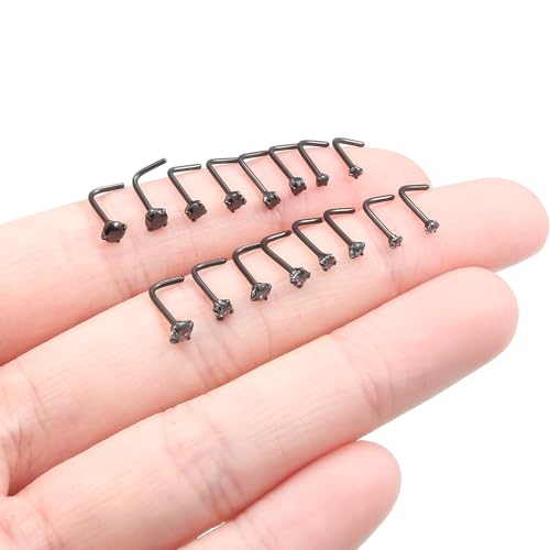 Black Nose Ring Surgical Steel Nose Rings Studs 22G 20G 18G L Shaped Nostril Piercings Cubic Zirconia Nostril Piercing Jewelry for Women Men 16Pcs 1.5mm 2mm 2.5mm 3mm Top - color: 20g,16pcs,L shaped nose studs