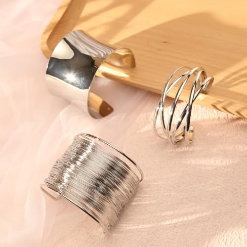 3PCS Gold Chunky Cuff Bracelets for Women Irregular Minimalist Statement Bangle Bracelets Set Open Wide Bangle Arm Cuff Upper Arm Punk Jewelry - color: 3PCS Bracelet Style 4