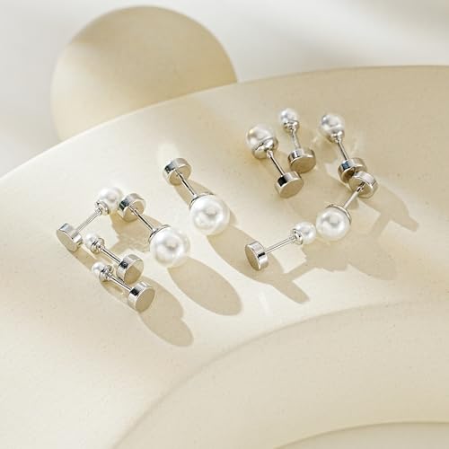 JINERA 5 Pairs Stud Earrings for Women 14K Plated Gold/Silver Pearl Ball Small Stud Earrings Set Cartilage Piercing Hypoallergenic Lightweight Flatback Earrings Jewelry Gifts for Women - color: 1 Pair Flat Back Pearl Earrings - Silver
