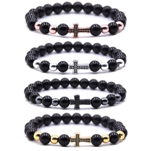 Beaded Bracelets Cross Bracelet for Women Men Lava Rock Turquoise Tiger Eye Natural Bracelet Anxiety Healing - color: 4 Pcs-D1
