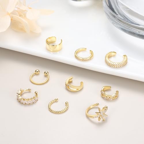 9Pcs Ear Cuff 14K Gold Plated Cuff Earrings Gold Ear Cuffs Non Pierced | Fake Conch Cartilage Earrings Ear-Clips Minimalist Non Piercing Delicate Clip-on Ear Cuffs Stackable Set - style: B-12pcs-Gold