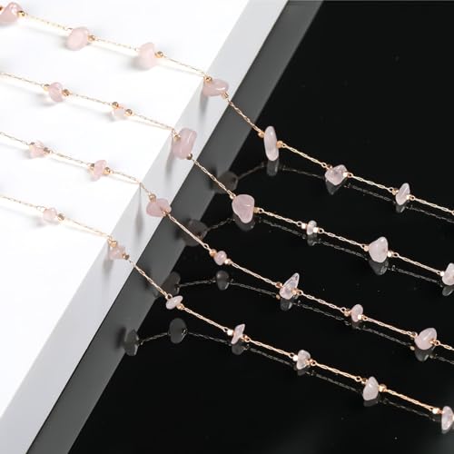 KYUNHOO 16.4FT Light Pink Natural Gemstone Jewelry Making Chain Supplies | Gold Plated Brass Chains Bulk Stone Link Chain Roll witj Clasps for Crafts DIY Jewelry Findings - color: Natural Stone-Light Pink