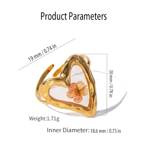 Hebelee Handmade Dried Flower Statement Ring for Women | Gold-Toned Stainless Steel,Adjustable,Pressed Blossom Forget-Me-Not Flowers Open Band Rings,Wedding Holiday Jewelry - color: Love Heart