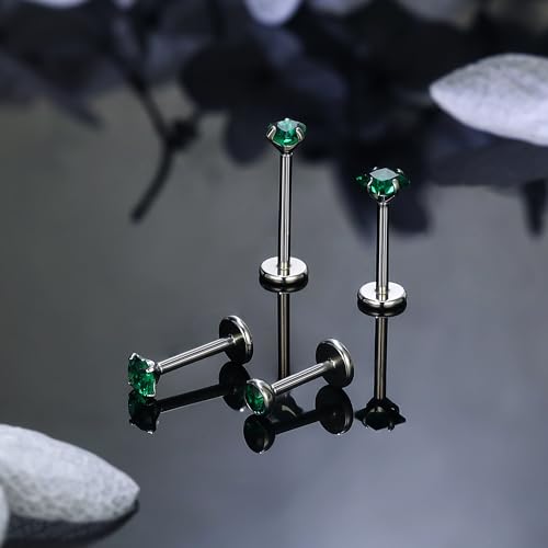 Titanium Flat Back Lip Rings Internally Threaded Earrings Studs Nose Rings 20G 18G 16G Round Heart Square CZ Tragus Cartilage Lobe Rook Helix Conch Labret Medusa Piercing Jewelry for Women Men - color: Green CZ, size: 20G-6/8/10mm