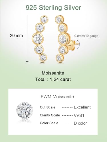 Moissanite 20mm Butterlfy/Flower/Leaf/Bezel Crawler Stud Earrings for Women, 925 Sterling Silver with Gold Plated, Hypoallergenic Cartilage Earrings, Valentines Birthday Anniversary Wedding Gift - color: Bezel Setting - Yellow Gold