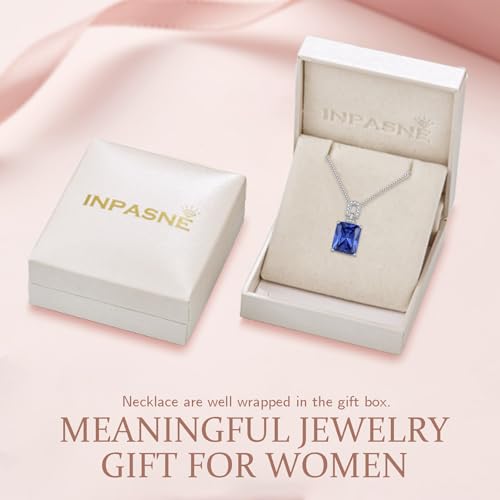 Emerald Cut Birthstone Necklace for Women 925 Sterling Silver | Baguette Birthstone Pendant Necklace, Jewelry for Mom Wife - color: Navy Blue