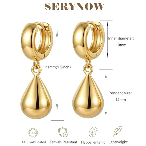 14K Gold Plated Chunky Huggie Hoop Earrings, Plump Teardrop Dangle Drop Earrings Elegant Statement Jewelry for Women - color: teardrop-short/gold