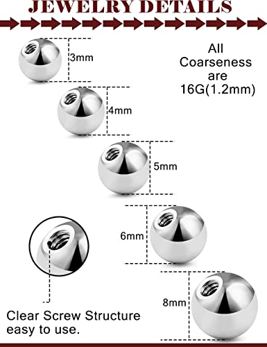 Prjndjw 25Pcs 14G 16G Replacement Balls internal thread & Externally Threaded Surgical Steel Balls Industrial Barbell Tongue Nipple Belly Button Eyebrow Rook Piercing Rings Parts 3MM-8MM - color: 25Pcs-16G-Silvertone