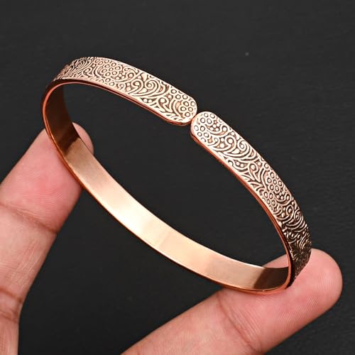 Vintage Copper Cuff Bracelet – Adjustable Open Bangle with Engraved Paisley Design Elegant Floral Carving, Boho Statement Jewelry