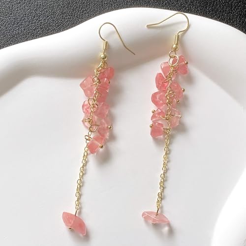 Handmade 14K Gold Chain Long Stone Tassel Dangle Drop Earrings Bohemian Crystal Beaded Flower Hook Earrings for Women