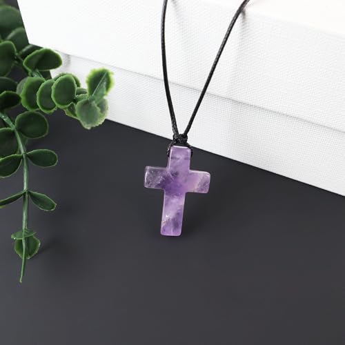 FANASY Natural Gemstone Pendant Necklace for Men Healing Crystal Pendant Adjustable Black Rope Necklace Jewelry Gifts for Women Men - color: X- Cross Amethyst