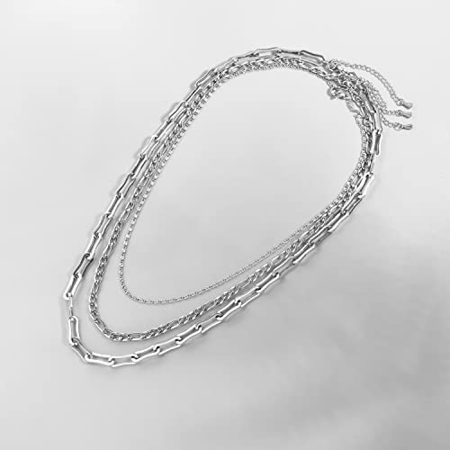 Elegance 11 designs Gold/Silver Stainless Steel Layered Set Necklace Square Linear Paperclip Figaro Chain Flat Chain Thick Short Metal Men's Women's Pop Necklace - color: Silver 3 layers