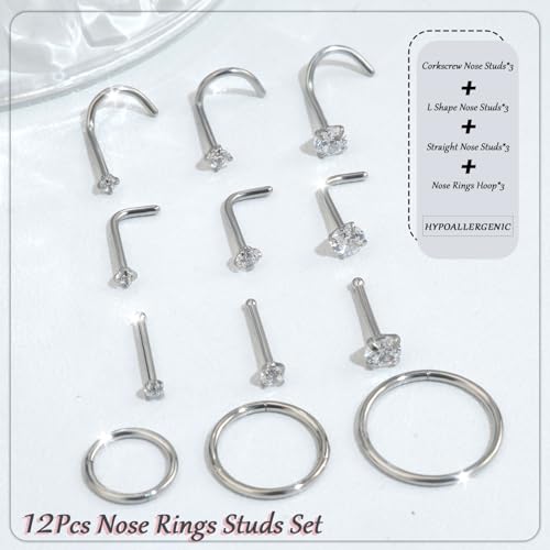 AMASIS Nose Rings and Nose Studs Set, Stainless Steel Hinged Nose Hoops and CZ Studs, Select Sizes and Styles for Nostril Septum Cartilage Piercing Jewelry - color: Silver, size: 12-Piece,Hoops and Studs Sets