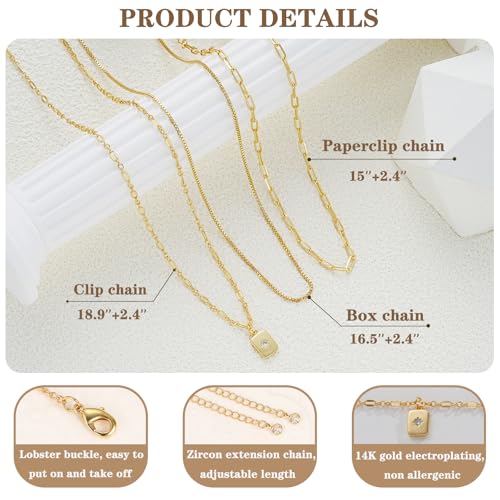YEEZII Layered Gold Necklaces for Women Trendy, 3 Pcs 14K Gold Plated Choker Paperclip Box Chain Necklace, Stackable Women's Gold Pendant Necklaces Jewelry Set - color: Gold-3 Pcs-square pendant