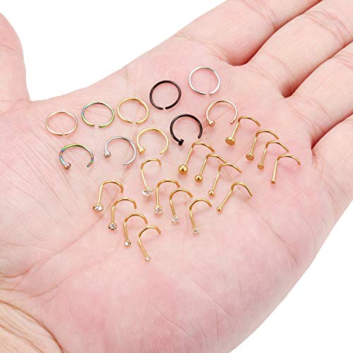Ruifan 20G 18G Surgical Steel 1.5mm-3mm Flat Ball Clear Diamond CZ Nose Stud Rings Screw Piercing Jewelry 16-26PCS - color: 20G: 26PCS - Gold